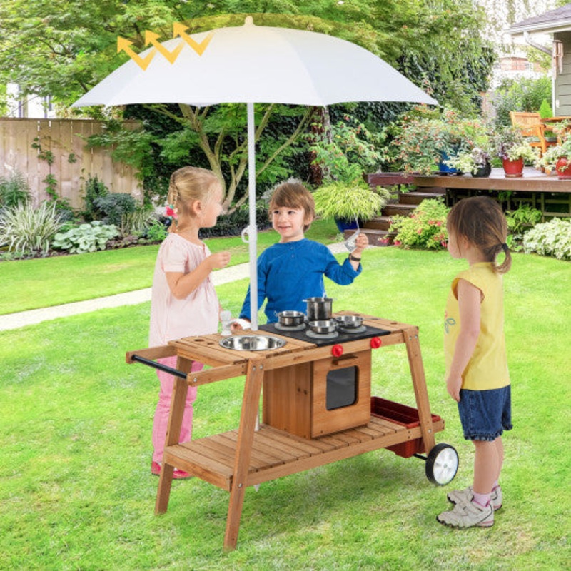 Wooden Play Cart With Sun Proof Umbrella for Toddlers Over 3 Years Old-Brown
