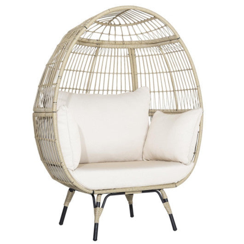 Oversized Patio Rattan Egg Lounge Chair With 4 Cushions-Light Brown