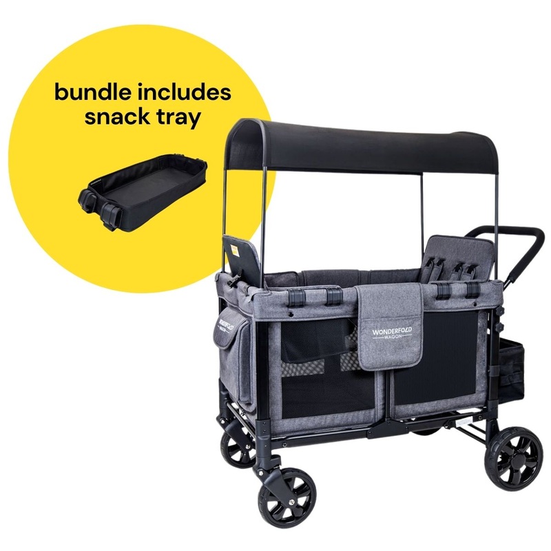 WonderFold W4 Original Quad (4 Seater) Stroller Wagon + Snack Tray Bundle – Gray