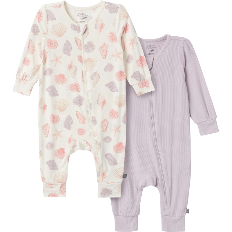 2-Pack Baby Girls Ivory Seashells Zip Front Viscose Rompers