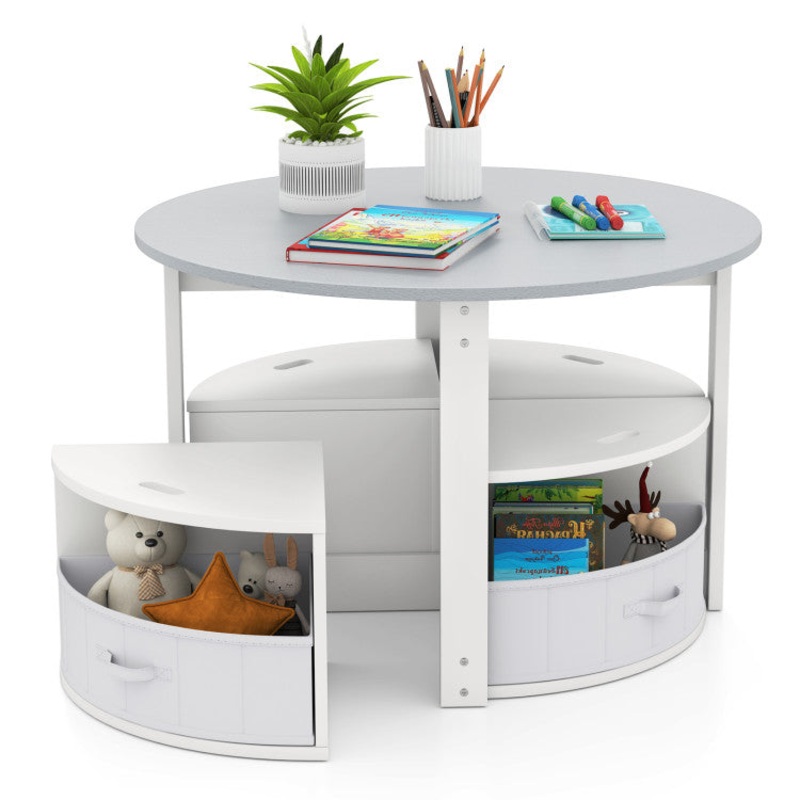5 Piece Toddler Round Nesting Table With 4 Storage Stools for Activity-Natural