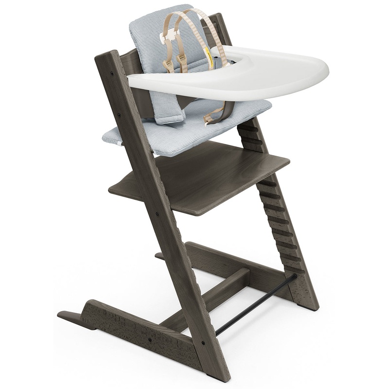 Tripp Trapp High Chair and Cushion with Stokke Tray – Hazy Grey / Nordic Blue