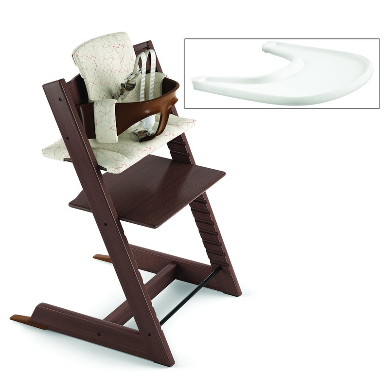 Tripp Trapp High Chair and Cushion with Stokke Tray – Walnut/Geometric Red