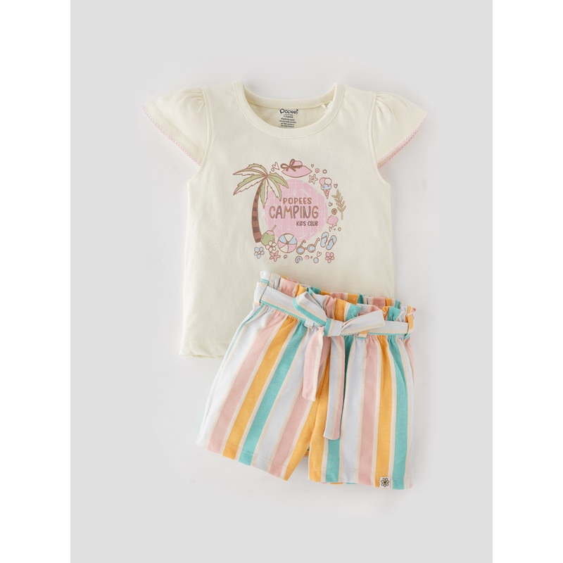 Popees Chest Printed Top with Multicolor Striped Shorts (1-8 Years) for Girls 1-2 YEAR