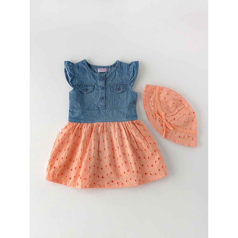 Popees Denim & Peach Embroidered Dress with Cap (3-24 Months) for Girls 3-6 M