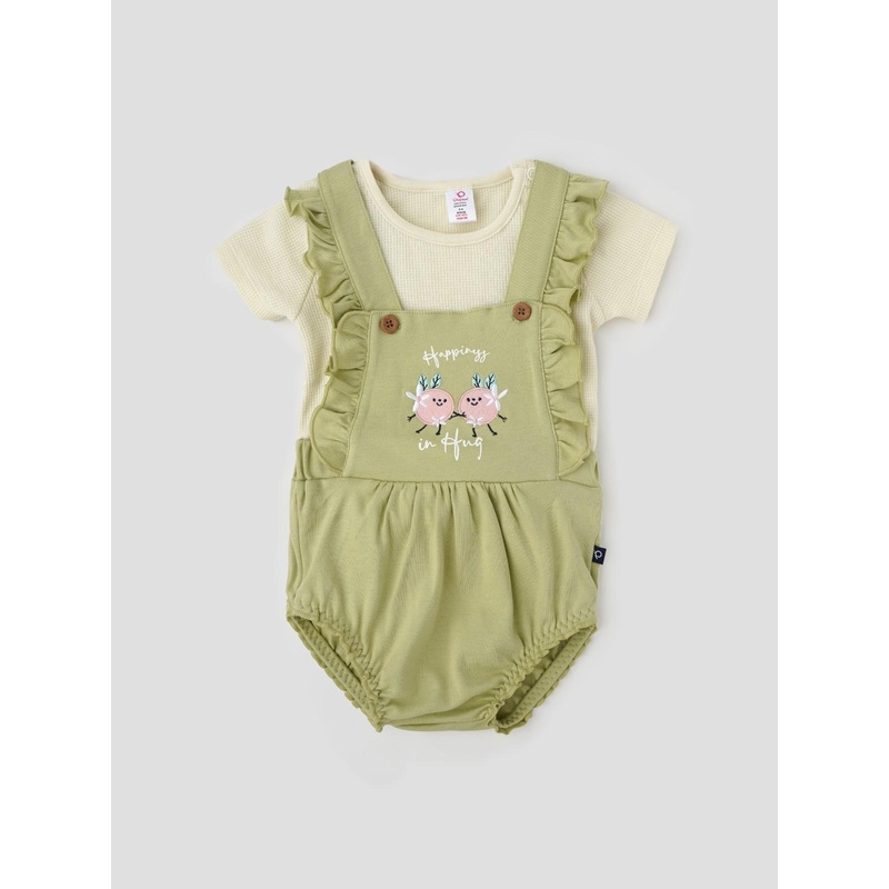 Popees Embroidered Dungaree Bodysuit Set (09 Months) with Waffle T-Shirt for Baby Girls 0-1 M