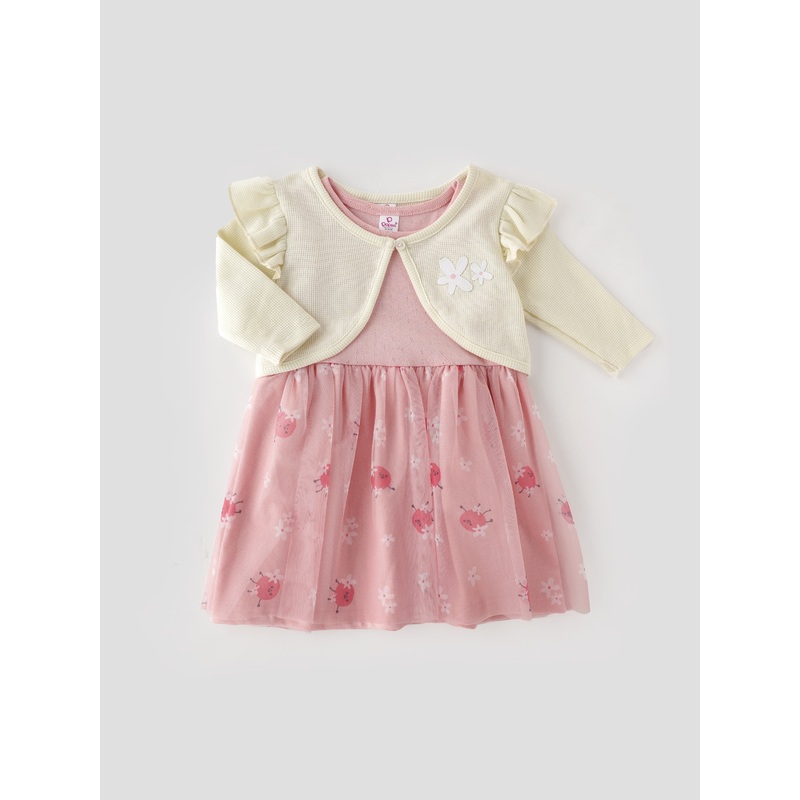 Popees Fashionable Printed Dress With Waffle Shrug Set (1-8 Years) for Girls 1-2 YEAR