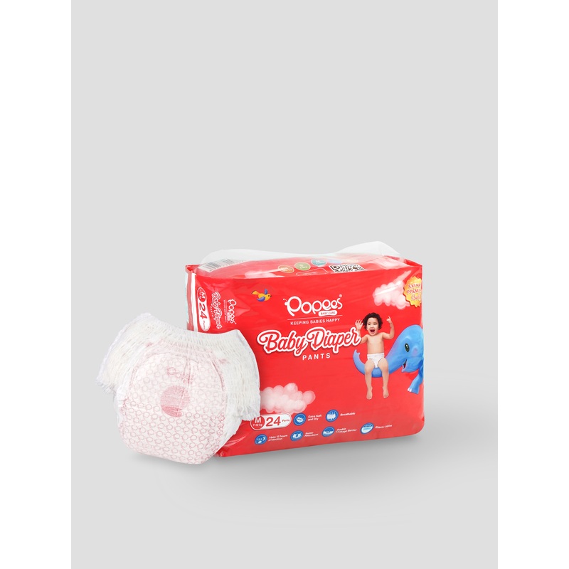 Popees Premium Pant Style Diaper – 24 PCS, Extra Soft, Breathable, Super Absorbent, Double Leakage Barrier with Elastic Waist NB