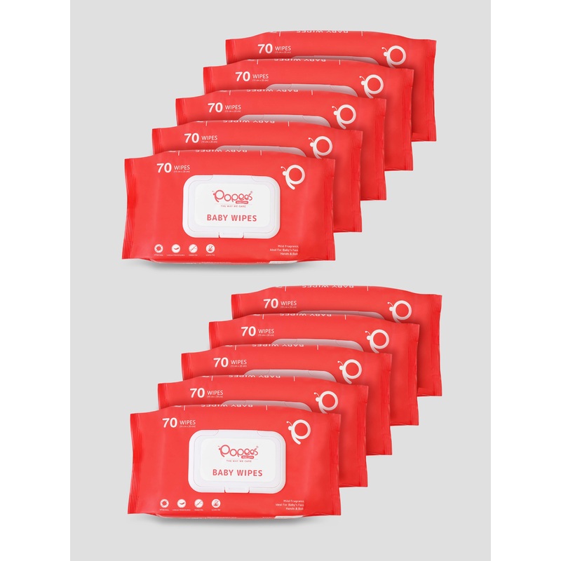 Popees Anti-bacterial Vitamin E & Aloe Vera Baby Wet Wipes -70 PCS With Lid -Pack of 10 70Pcs