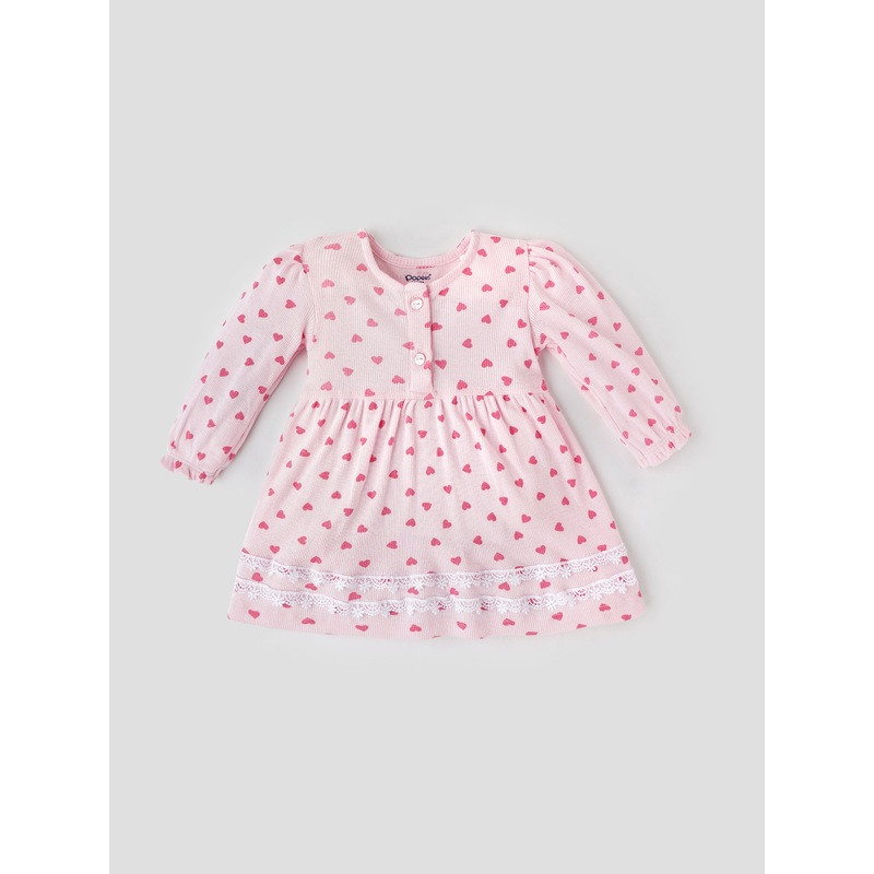 Popees Full Sleeve Front Open Frock (09 Months)  Soft & Stylish Heart-Print Dress for Baby Girls 0-1 M