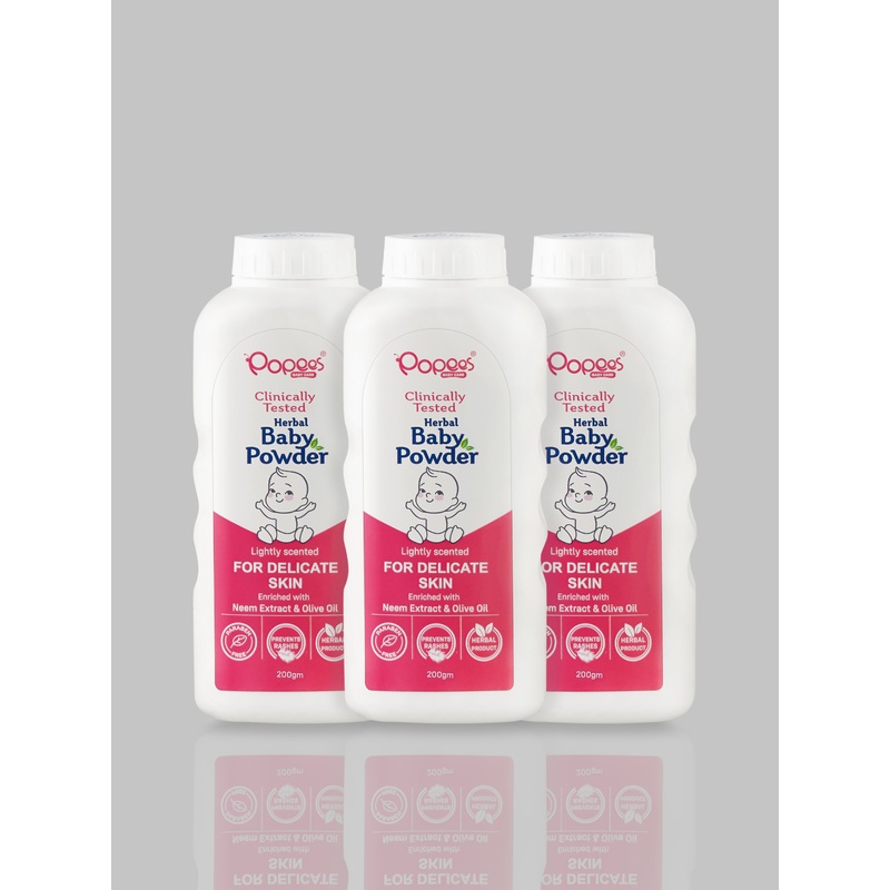 Popees Herbal Baby Powder Infused Neem Extract & Olive Oil for Delicate Skin 200g – Pack of 3 200gm