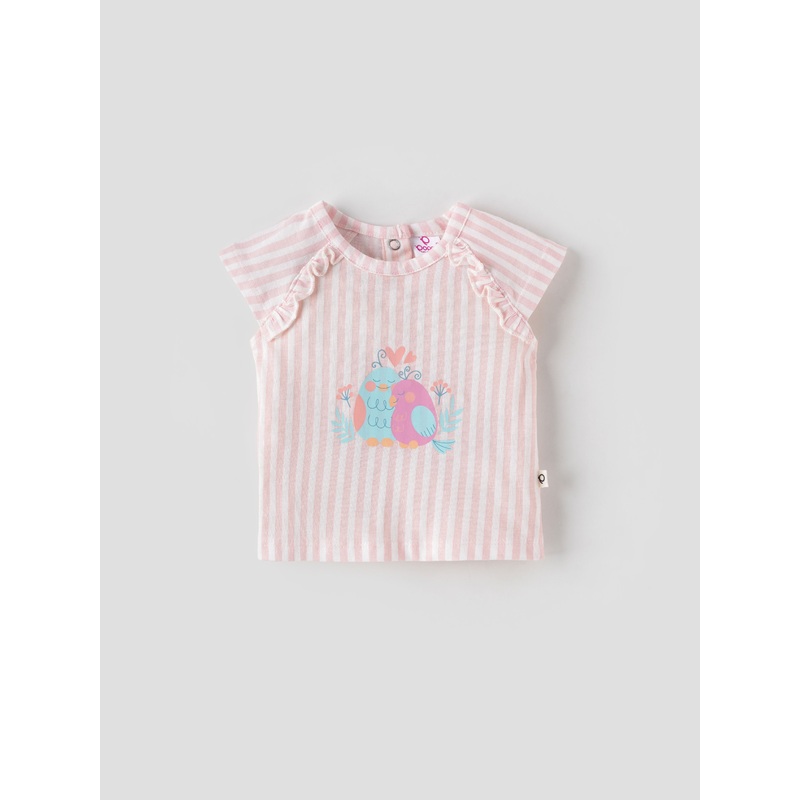 Popees Striped Short Sleeve (09 Months) Cute Bird Printed Top for Baby Girls 0-1 M