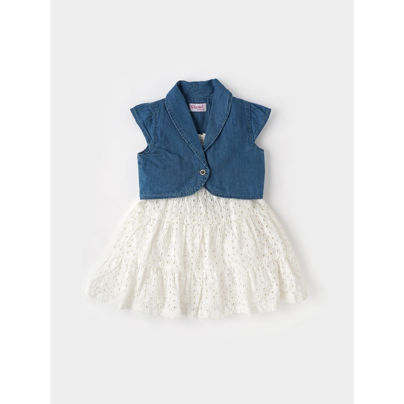 Popees Trendy Sleeveless Schiffly Dress With Denim Shrug Set (3-36 Months) for Girls 3-6 M