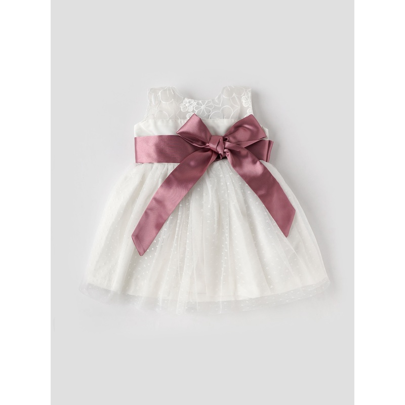 Popees White Party Wear with Textured Bodice & Contrast Satin Bow (6M-4Y) for Baby Girls 6-9 M