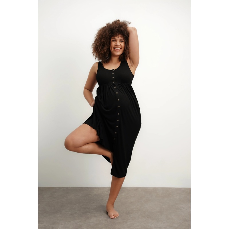 Ribbed Modal Henley Dress Black XS