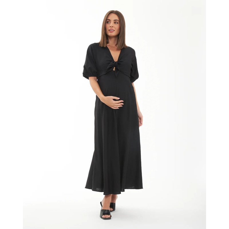 Camille Tie Front Linen Dress Black XS