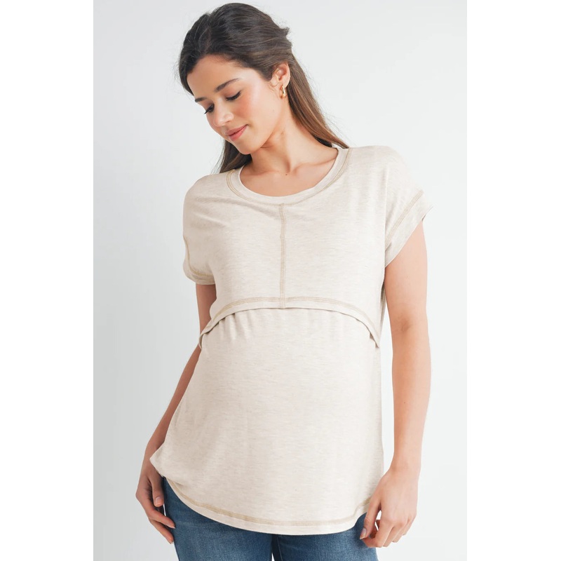 Double Layer Short Sleeve Maternity Nursing T Shirt Oatmeal S