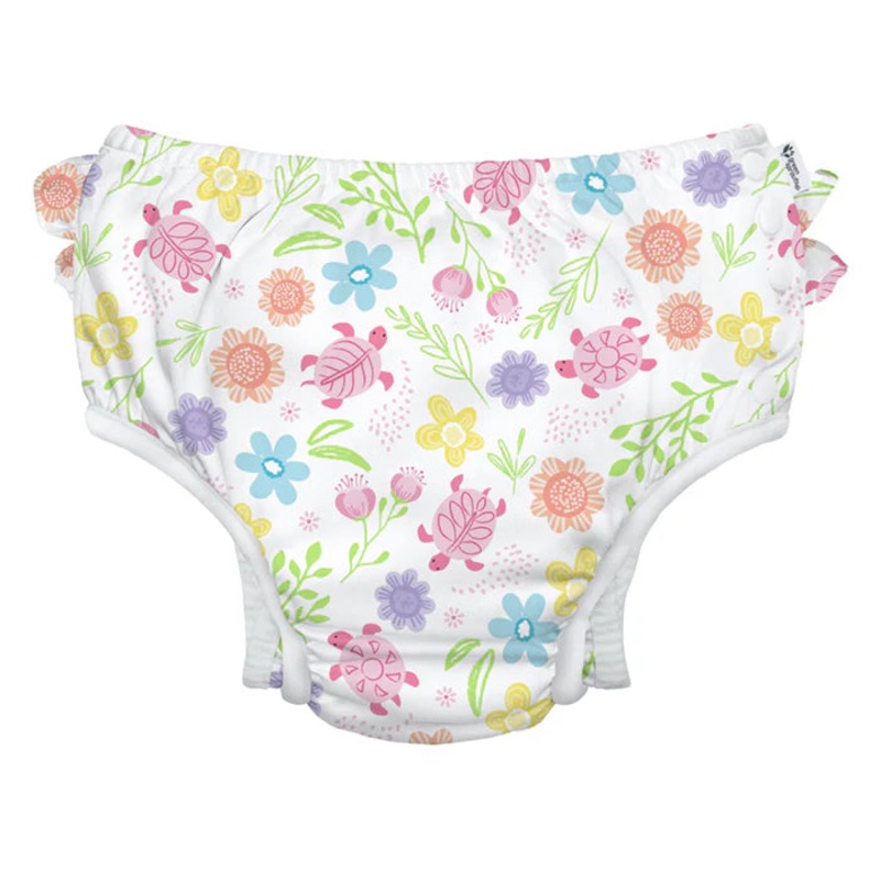 Eco Snap Ruffled Swim Diaper White Turtle Floral 6M