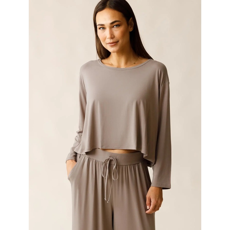 Aria Bamboo Casual Cropped Long Sleeve Top Taupe S
