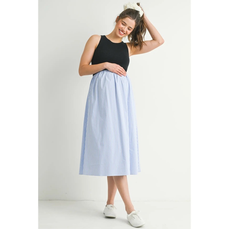Sleeveless Tank Maternity Dress with Striped Skirt Black Blue S