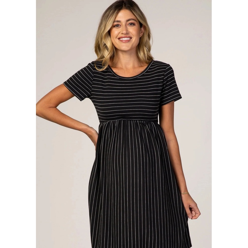 Striped Baby Doll Maternity Dress Black Stripe S