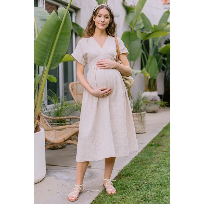 Surplice Dolman Sleeve Maternity Cotton Midi Dress Taupe XL