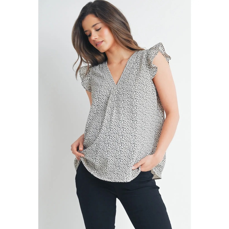 V-Neck Ruffle Cap Sleeve Maternity Top Taupe S